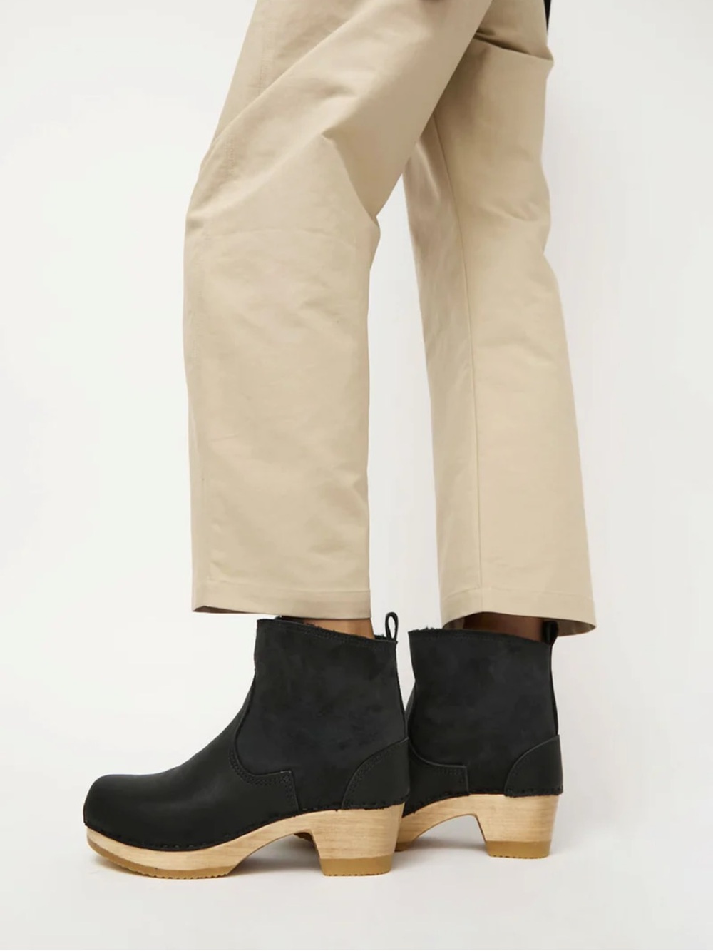 No 6. Store NYC 5" Pull on Shearling Clog Boot on Mid Heel in Black Suede